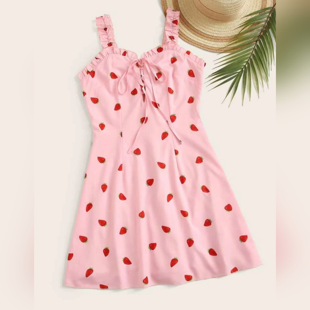 SHEIN Strawberry Print Lace UpFront Frill Trim Dress curve. Plus size.